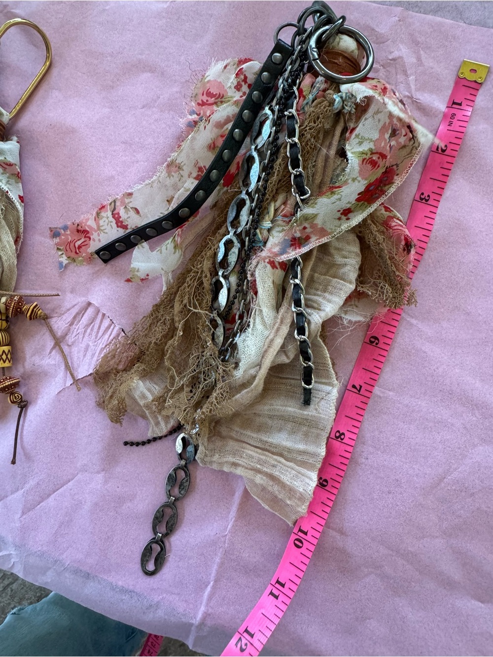 Handmade Boho Floral & Fringe Keychain Charm - Pink, Beige & Brown